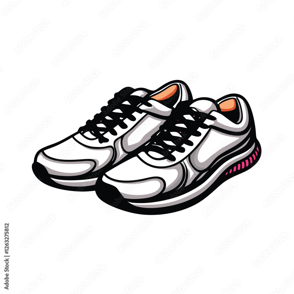 Poster create an editable stroke vector graphic of a stylish pair of running shoes, suitable for design pro