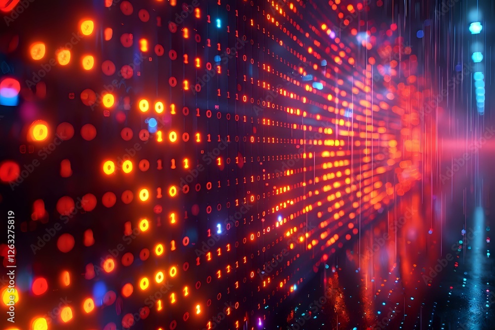Poster glowing red and orange light dots pattern with blue accents creating futuristic technology backgroun