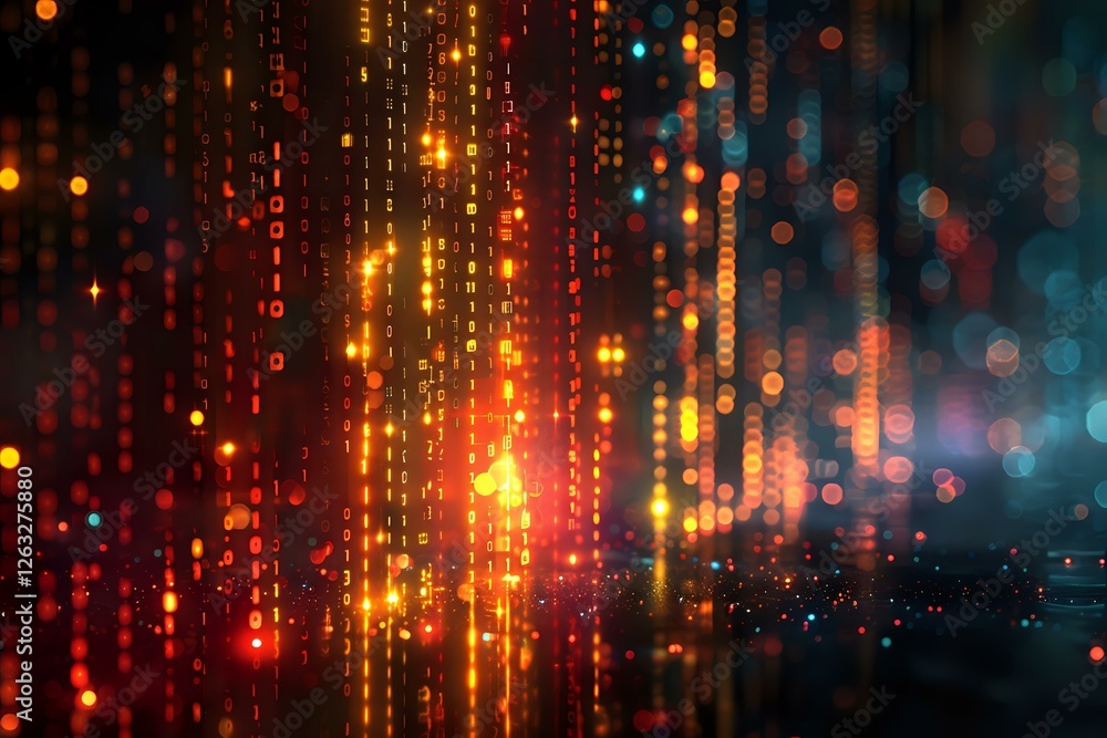 Poster abstract digital light streams with glowing orange and red bokeh effects against dark background cre