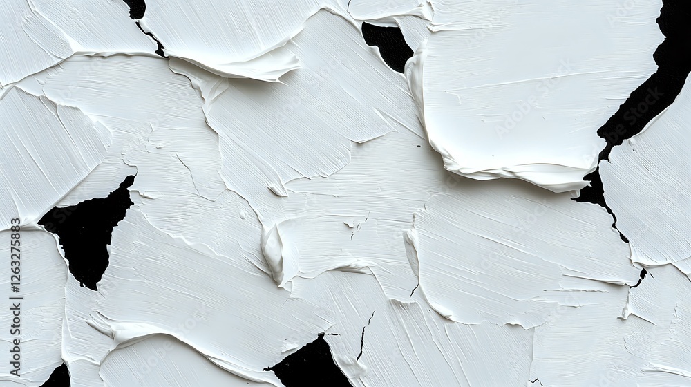 Poster cracked and peeling white paint texture on wall surface showing layers of deterioration and black ga