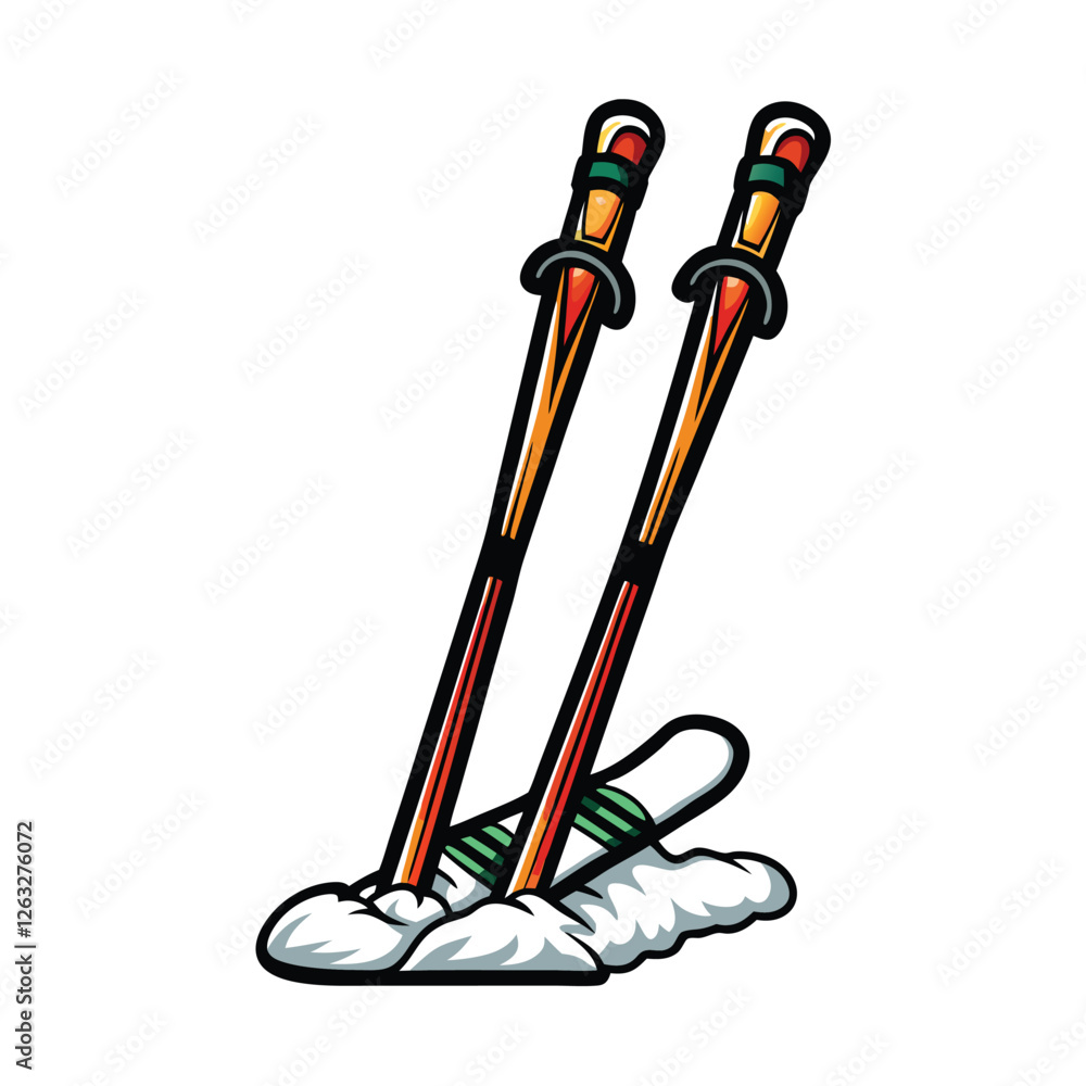 Poster create a clean, editable stroke vector graphic of a pair of skis and ski poles, suitable for various