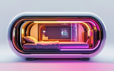 3D icon cartoon of a futuristic capsule apartment cutaway with space-saving design, foldable bed, and neon lighting, isolated on a white background