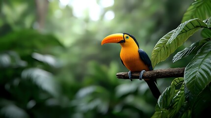 Fototapeta premium Vibrant toucan perched on branch in lush tropical rainforest setting, surrounded by green foliage with soft bokeh background, side view of exotic bird.