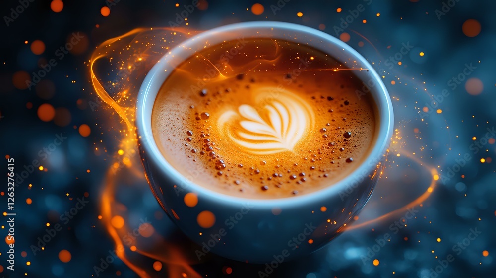 Poster glowing coffee cup with latte art heart pattern surrounded by magical light trails and bokeh effects