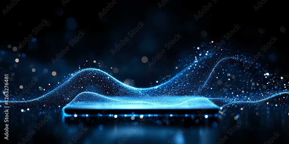 Poster glowing blue wave of light particles flowing on dark background with bokeh effect and reflection cre