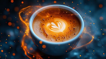 Glowing coffee cup with latte art heart pattern surrounded by magical light trails and bokeh effects on dark background, creating mystical beverage atmosphere.