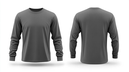 front and back view of grey long-sleeve t-shirt mockup isolated on white background.