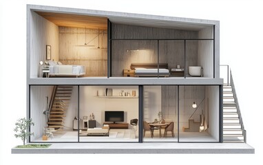 3D icon cartoon of a small industrial loft cutaway with raw concrete walls, steel beams, and minimalistic decor, isolated on a white background