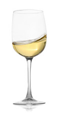 Tasty wine splashing in glass on white background