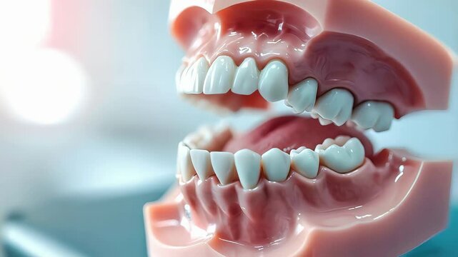 Realistic human jaw anatomical model showcasing detailed dental structures, teeth arrangement, and gum textures on pristine white surface