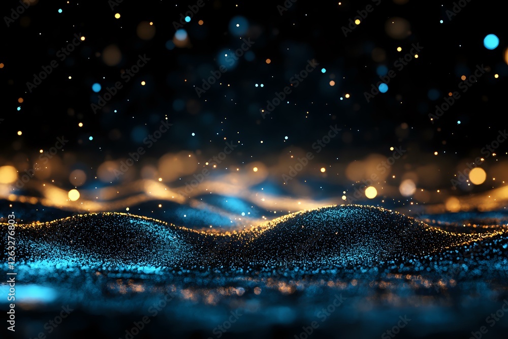Poster glowing blue and gold particles form abstract waves against dark background, creating magical atmosp