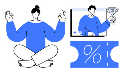 Person meditating cross-legged, individual with trophy on video call, discount voucher. Ideal for balance, wellness, online achievement, reward, mindfulness e-commerce productivity. Abstract line