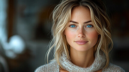 Obraz premium Young woman with blonde hair and blue eyes is smiling for the camera
