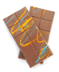 Two Dubai chocolate bars with pistachio and knafeh isolated on white, top view
