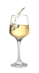 Tasty wine splashing in glass on white background