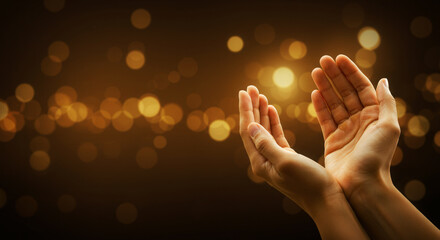 hands raised in prayer with light shining through for ramadan piety