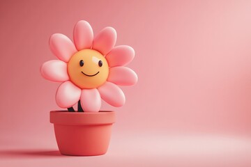 Happy pink flower in pot on pink background. (2)
