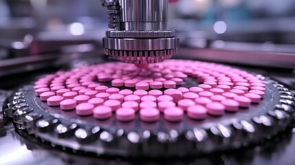 In a manufacturing facility, pink pharmaceutical tablets are being coated and polished as they move through an industrial machine, showcasing the intricate process of tablet preparation.