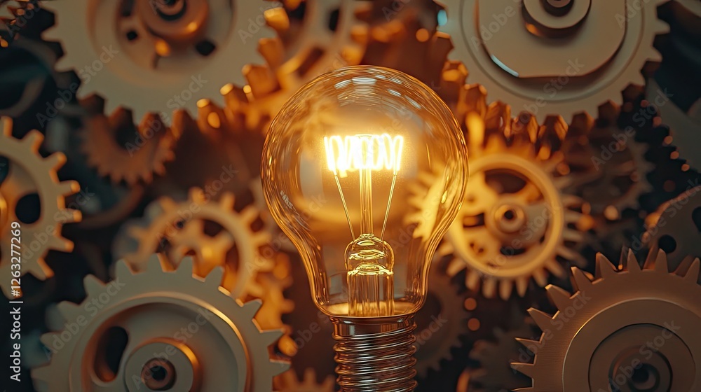 Poster a bright, illuminated lightbulb surrounded by rotating gears, a perfect metaphor for problem-solving