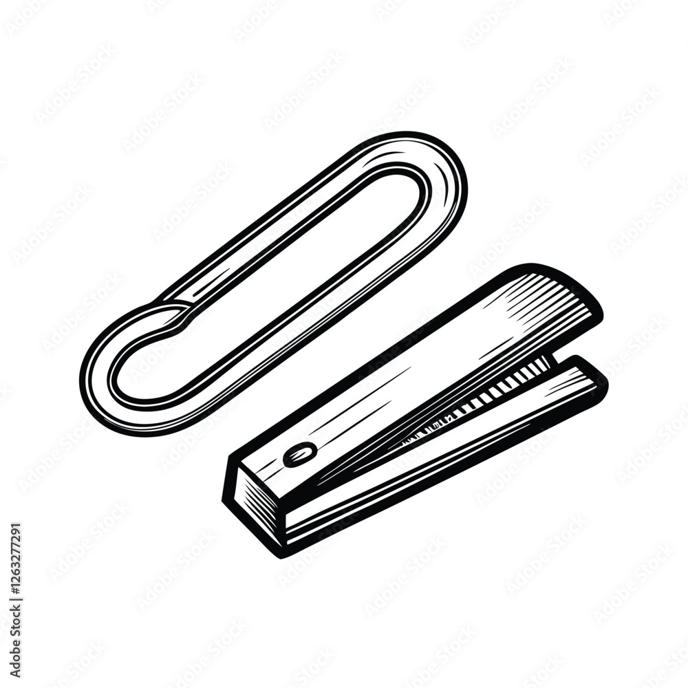 Poster create an editable stroke vector graphic showcasing a paperclip and a stapler, emphasizing clean lin