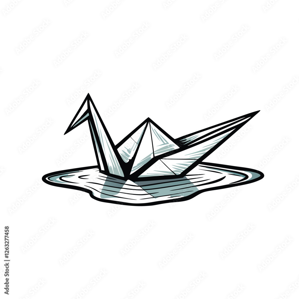 Poster create a vector illustration of a paper crane in flight, featuring editable strokes, suitable for va