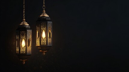 Obraz premium Luxury Eid Greeting Card With a Deep Black Theme, Shimmering Gold Details, and Minimalist Lantern Illustrations