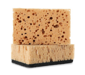 Two soft sponges isolated on white. Cleaning supply