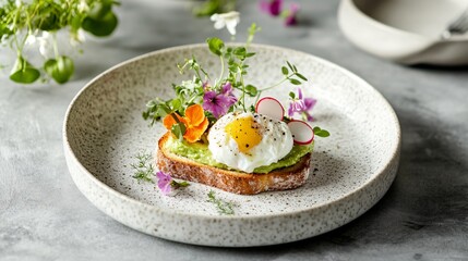 A fine dining breakfast setup featuring avocado toast with radish and poached egg, garnished with edible flowers and microgreens, plated on a luxurious porcelain dish