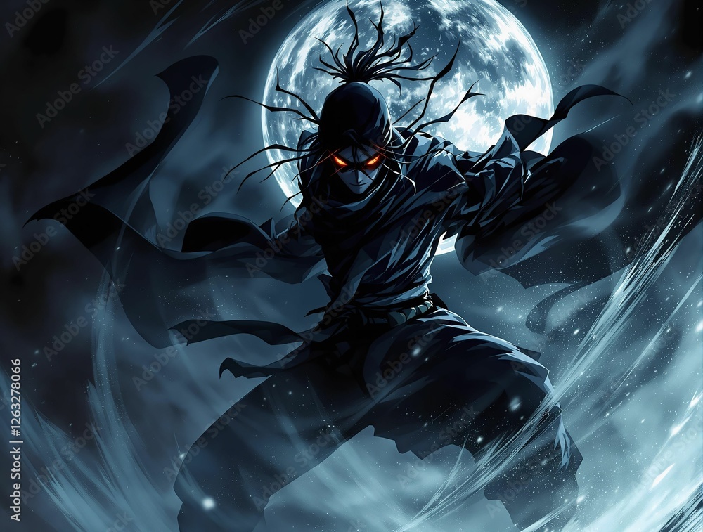 Poster A dark-clad ninja stands poised for action against a backdrop of a full moon and swirling mist, creating an intense and mysterious atmosphere.