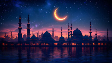 Night scene of mosques by a lake under crescent moon, Ramadan celebration greeting card