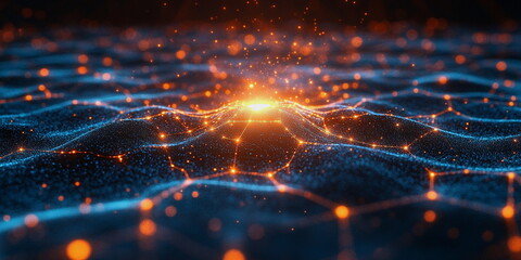 Vibrant abstract digital network of glowing blue and cyan interconnected nodes and lines on a dark background with bokeh effect and yellow flares.