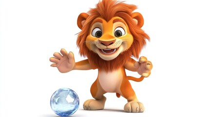 Fototapeta premium A cartoon lion with supernatural abilities, channeling brain energy through a crystal ball.
