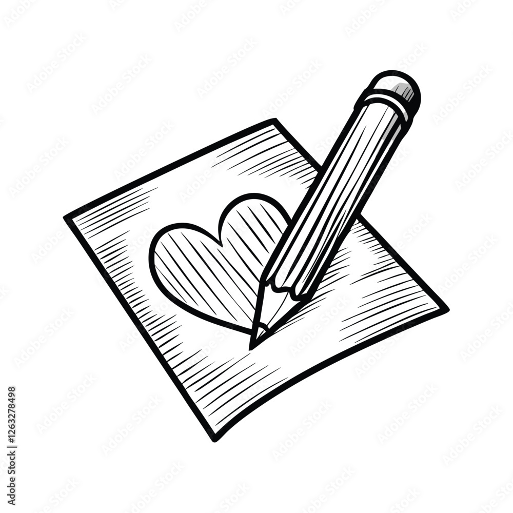 Poster create a vector illustration of a pencil sketching a heart, featuring editable strokes for easy modi