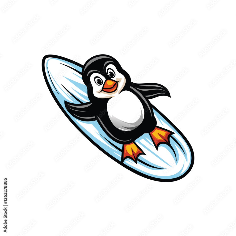 Poster create a vector illustration of a cartoon penguin sliding on ice, with editable strokes, suitable fo