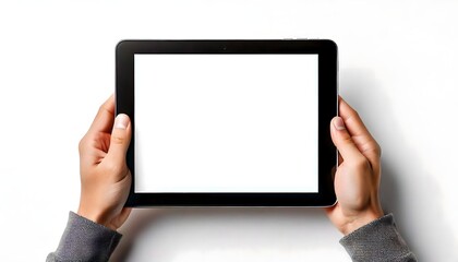 Close-up of hands gripping a black tablet with a blank screen for mockup use