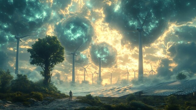 Wind turbines and solar panels generating clean energy under futuristic sky