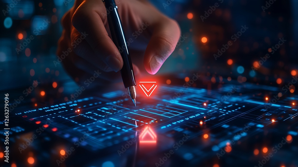 Aufkleber hand using stylus on futuristic digital interface with glowing arrows.