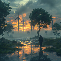 Traveler contemplating wind turbines and solar panels at sunset