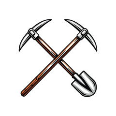 Create a clean, editable vector graphic of a pickaxe and shovel, ideally crossed, suitable for various applications.  Ensure high-resolution, scalable design.
