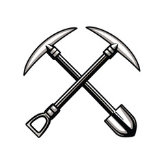 Create a high-resolution, editable stroke vector graphic of a pickaxe and shovel, crossed, suitable for various design projects.  Include crisp lines and clean design.