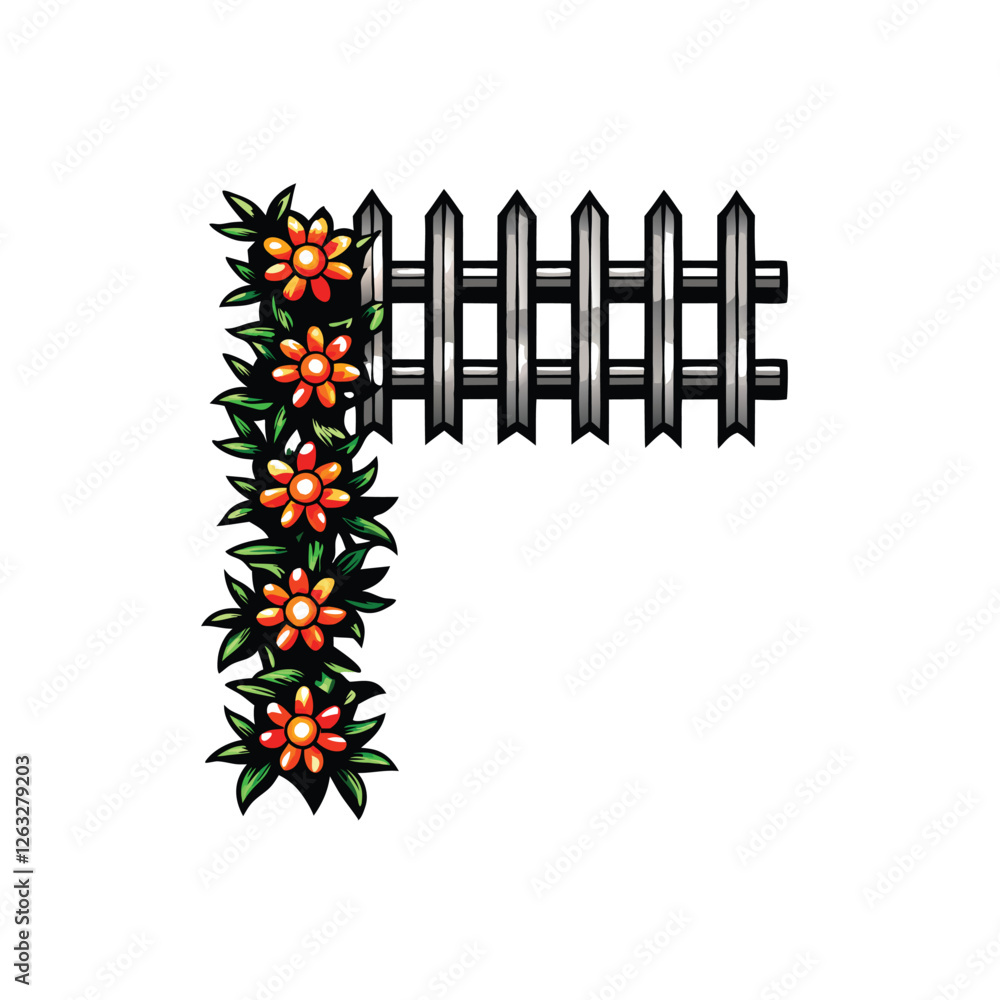 Poster create a vector illustration of a charming picket fence with flowing lines, editable strokes for eas