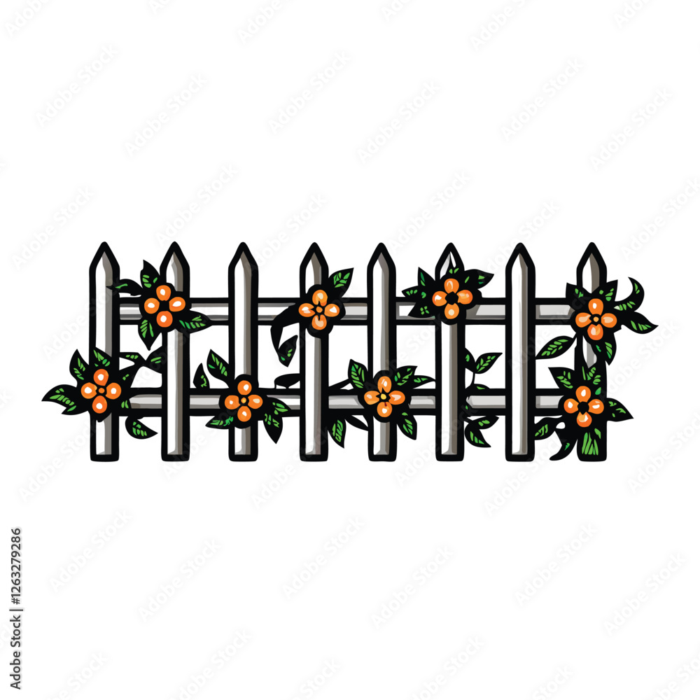 Poster create an editable stroke vector graphic of a white picket fence with a flowing, wavy design. includ