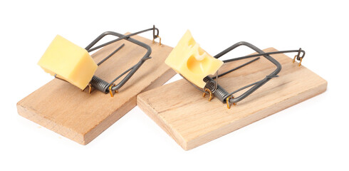 Two spring-loaded bar mousetraps with pieces of cheese isolated on white