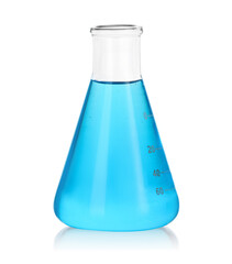 Conical flask with blue liquid isolated on white