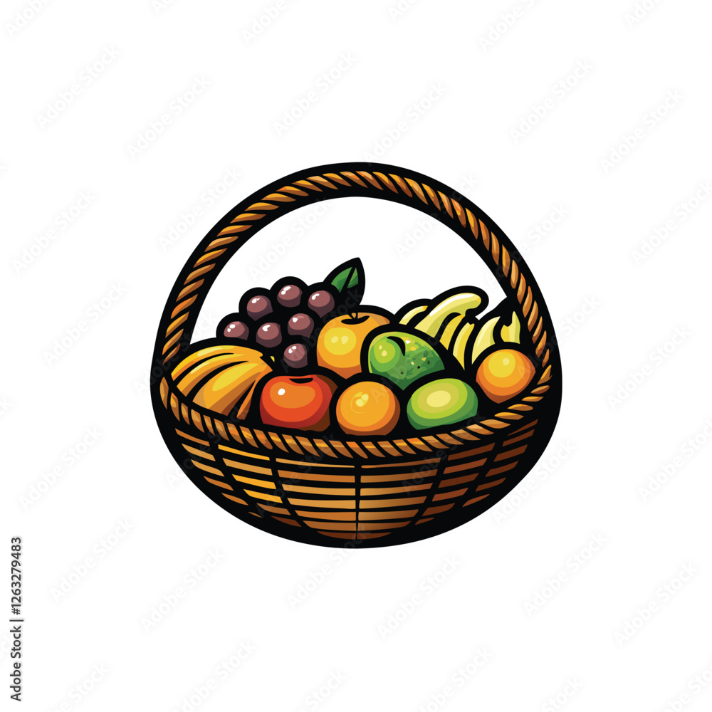 Poster create an editable stroke vector graphic of a picnic basket overflowing with food, showcasing a deli