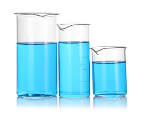 Different beakers with blue liquid isolated on white