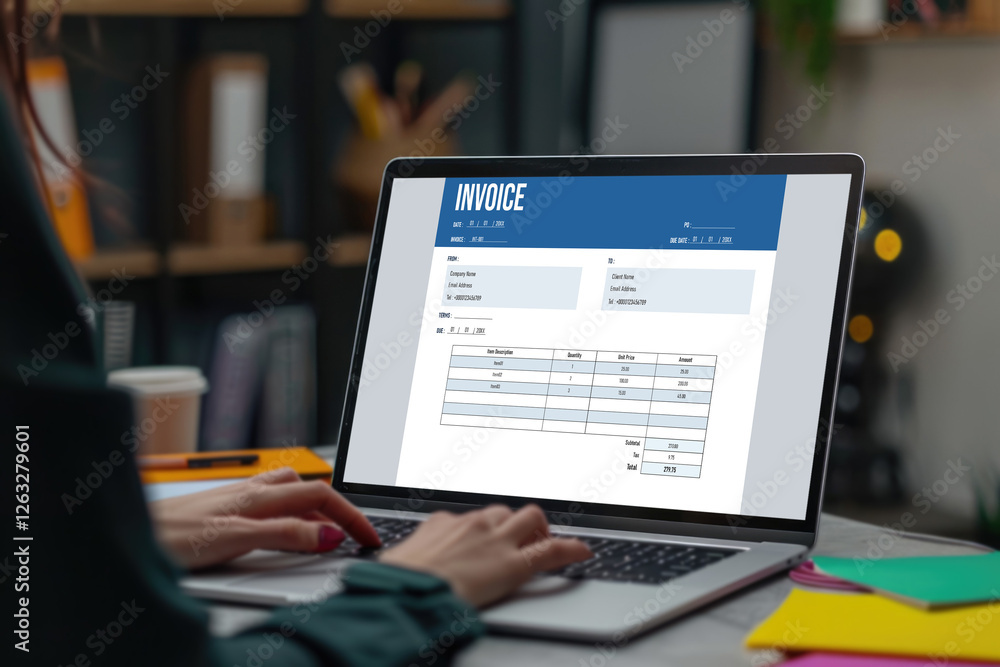 Poster invoice on computer screen from accounting application. computer program for financial and budget of