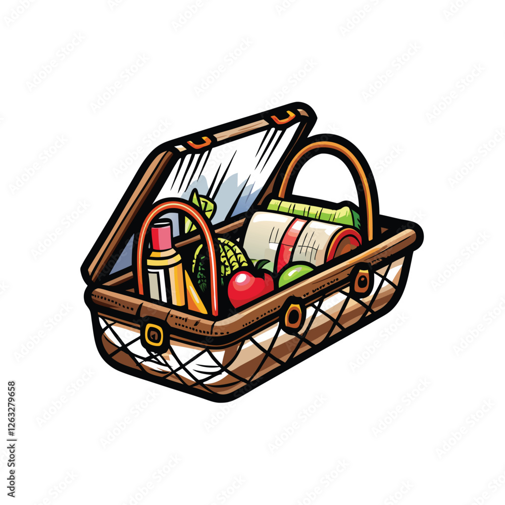 Poster create a detailed vector illustration of an editable-stroke picnic basket overflowing with various f