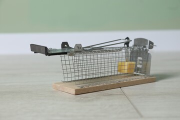 Metal mouse trap with piece of cheese indoors