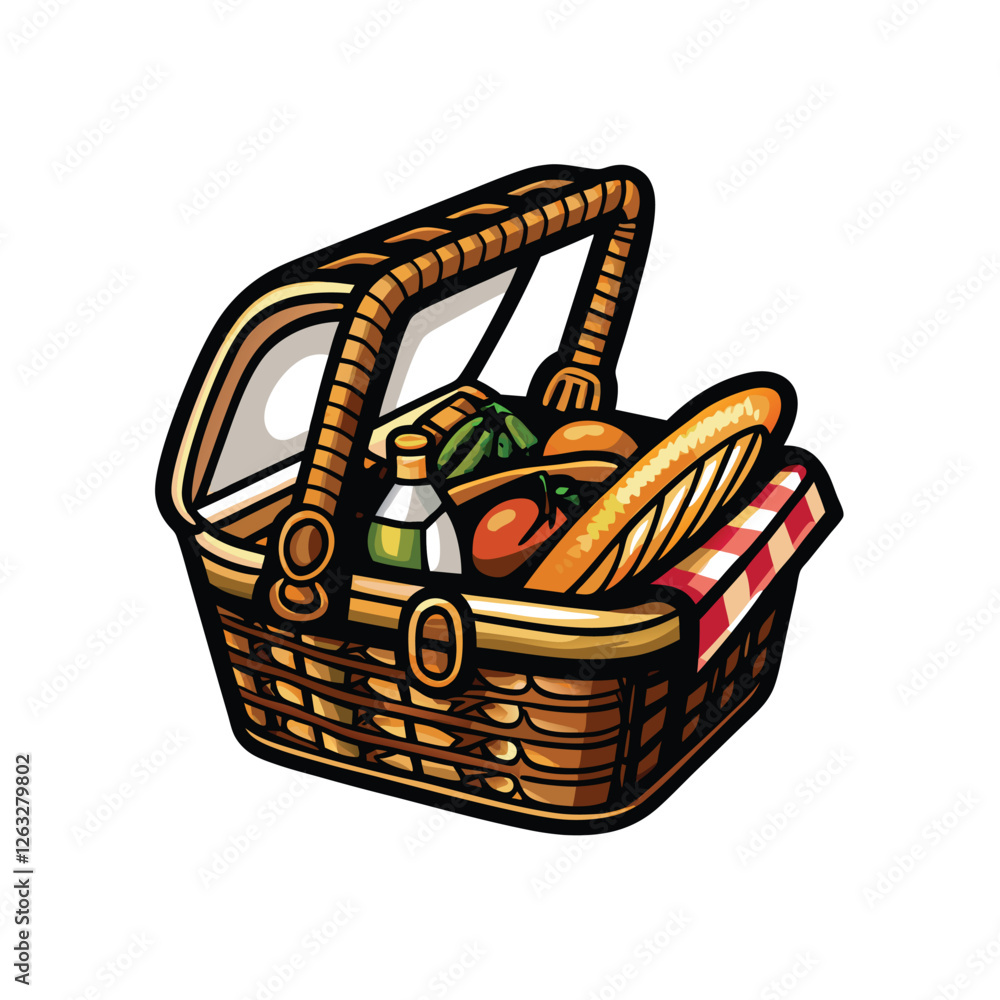 Poster create a detailed vector illustration of a picnic basket overflowing with various foods, ready for e